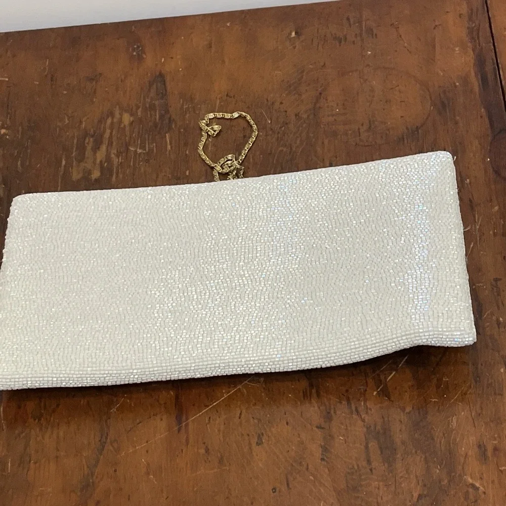 Moyna‎ Evening Bag Handcrafted White Beaded Clutch Satin Lined, Anchor Nautical